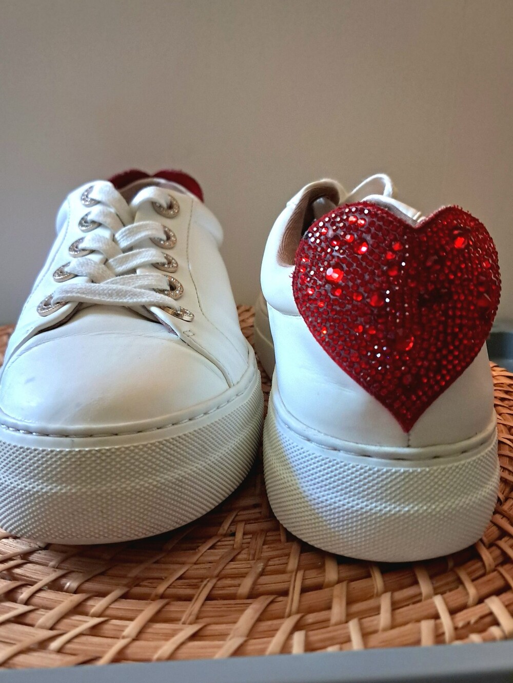 Betsey Johnson Brixton Sneakers Sz 9 White Upper Red Rhinestone Heel GUC